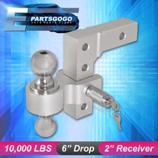 Dual Ball Mount 2" Tow Hitch Adjustable 6" Raise/Drop Truck Trailer Silver +Lock