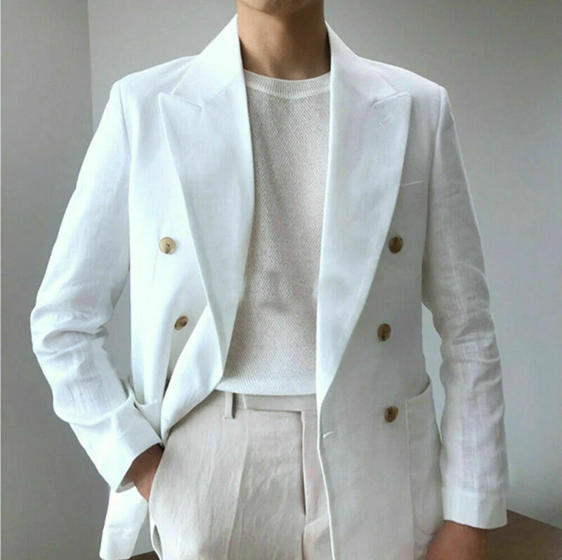 Men's Summer Beach Suit White Linen Jacket Double Breasted Groom Wear Coat  Pants