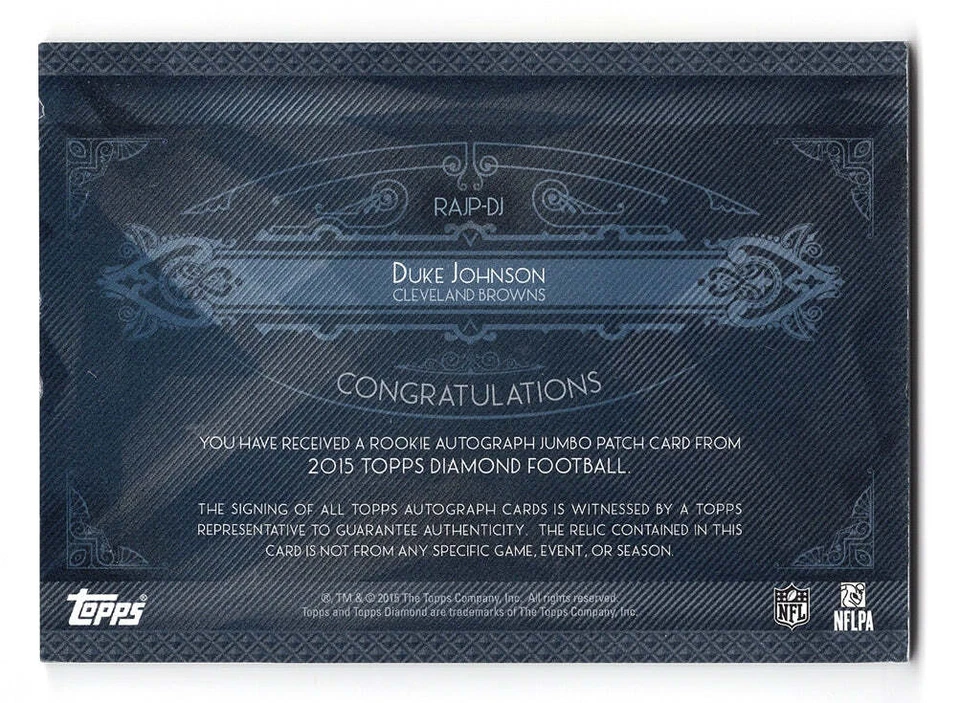 DUKE JOHNSON Topps Diamond Football 3-COLOR JERSEY PATCH AUTOGRAPH (Game Used Je - Image 2 of 2