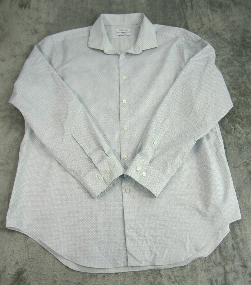 Calvin Klein Sz 2XL 18 34/35 Slim Fit Shirt Non-Iron Geometric Blue White - Image 2 of 4