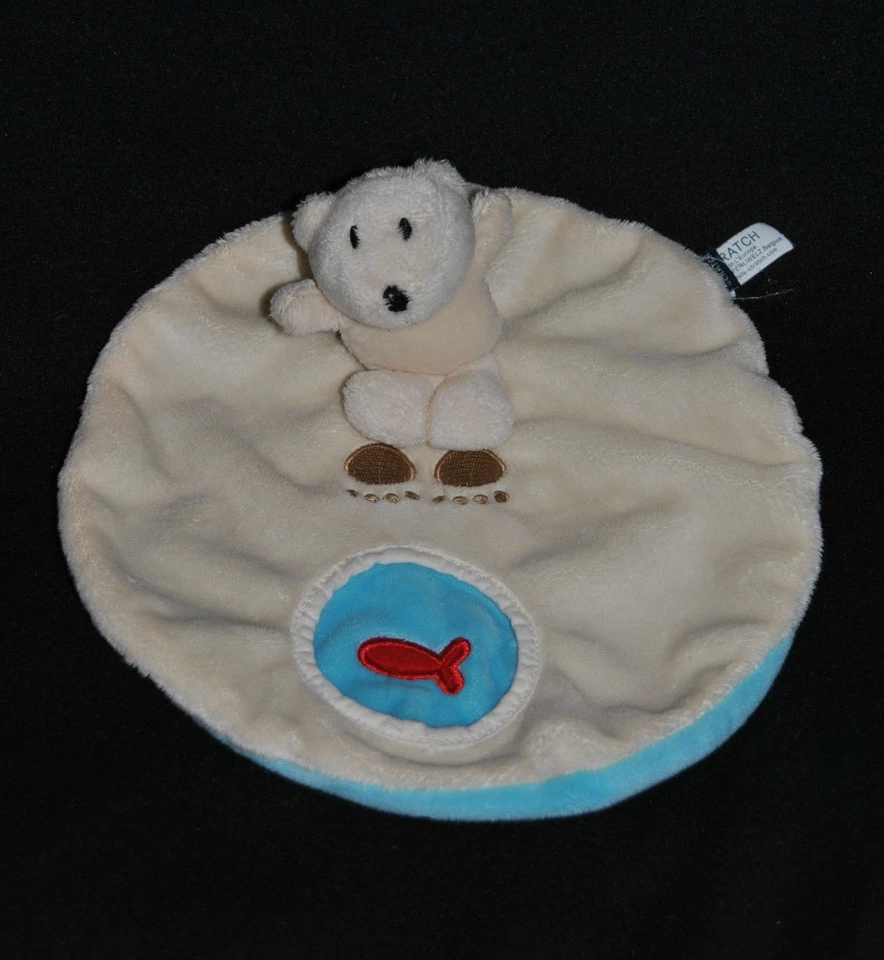 🍀 Doudou Plat Ours SCRATCH Polaire Rond Bleu Poisson Rouge Hochet Peluche TTBE - Photo 1/1