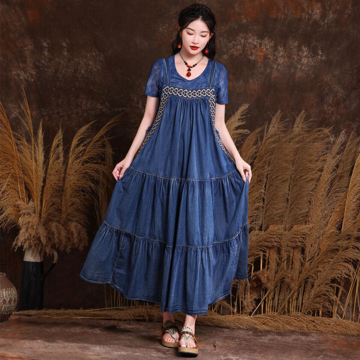 NEW Women's Denim Dress Casual Loose Dresses Sleeveless Maxi Dress UK