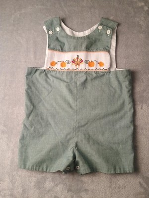 Two Friends Romper Boys 12-18 Months Green Gingham Smocked Turkey Thanksgiving