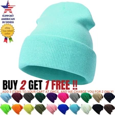 Men Beanie Hat Ribbed Solid Long Knit Ski Cap Warm Skull Winter Cuff Hats Women