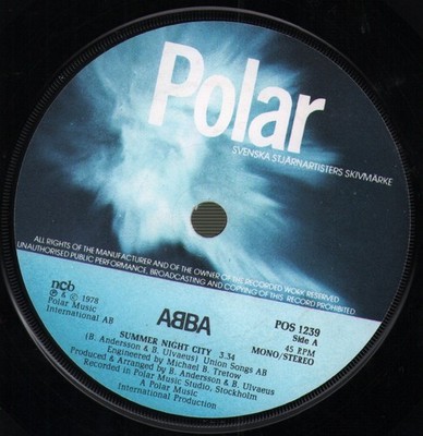 Abba Summer Night City 7'' vinyl Scandinavia Polar 1978 7''. vinyl has some marks