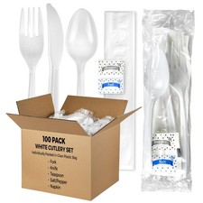 100 Pack Medium Weight Wrapped white Plastic Cutlery Pack with Napkin and Sal...