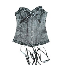 Renaissance Fair Black Brocade Corset Top Ribbon Ties XS Gothic Dark Coquette