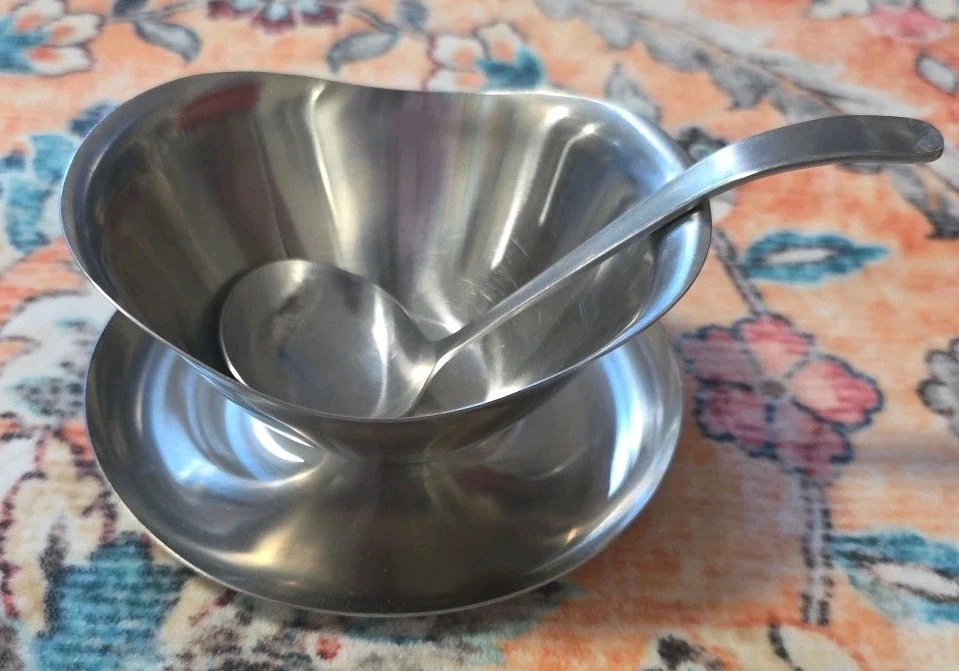 Vintage DOLPHIN Stainless Steel MCM Gravy Sauce Boat & Ladle Japan DANISH MODERN