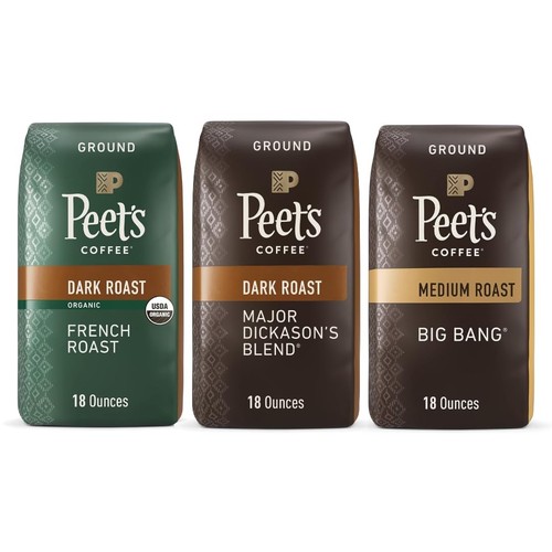 Peet's Coffee, Dark and Medium Roast Ground Coffee 18 Ounce (Pack of 3)