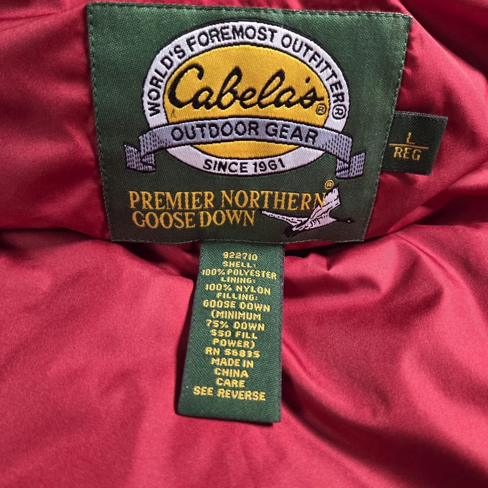 Cabela's Vest Mens Large Red Premier Northern Goose Down Puffer Quilted Snap - Image 4 of 4