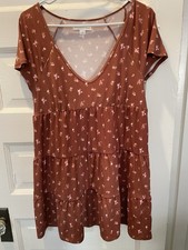 Aeropostale Brown Mini Dress With Floral Print, Tiers Design, Size Large