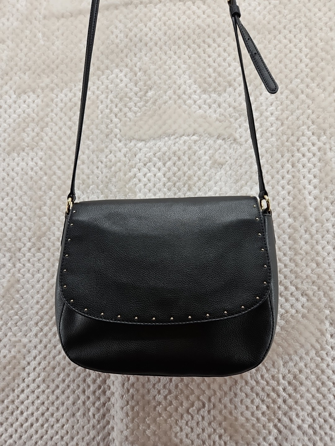 Ralph Lauren Black Saddle Crossbody Bag with Tiny Gold Studs 10x9x4