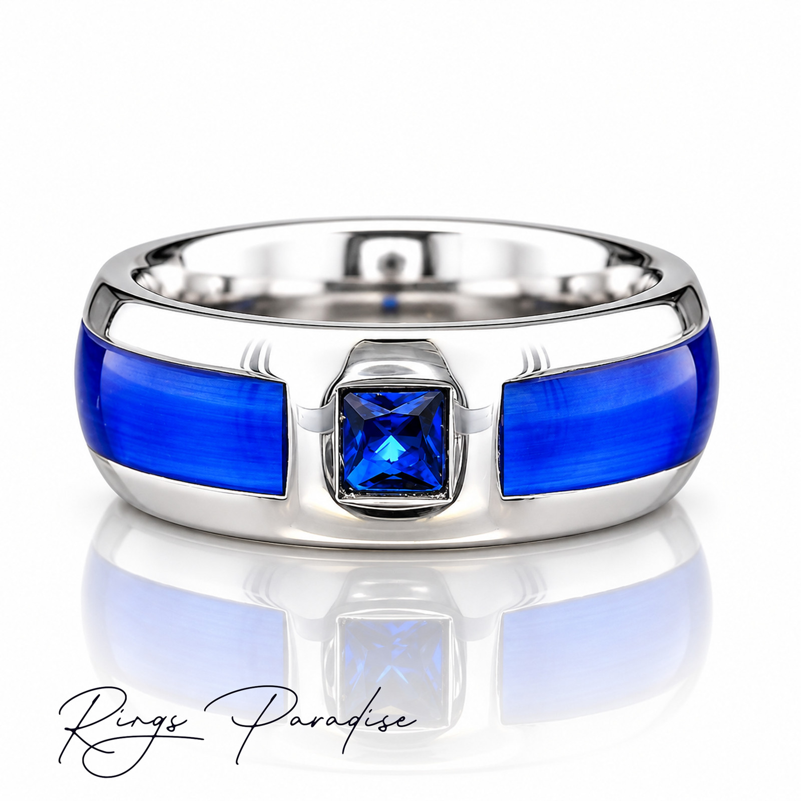 Blue Agate Tungsten Ring | Square Stone Wedding Band, Comfort Fit, 8mm