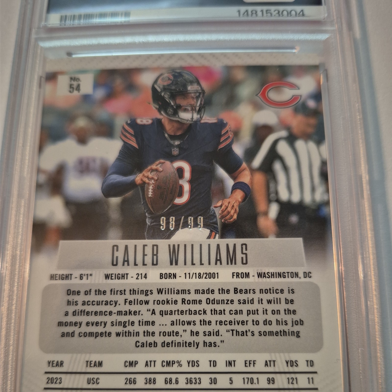 2024 Panini Prizm Deca Caleb Williams #54 Purple Prizm Bears PSA 8 NM-MT #'d /99 view 3