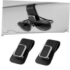 One-Handed-Operation Leather Sunglasses Clip for Sun Visor, 2Pack Durable Black