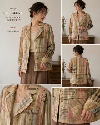 Vintage Silk Blend Patchwork Lace Jacket Women s Size 42 Plaid Boho 