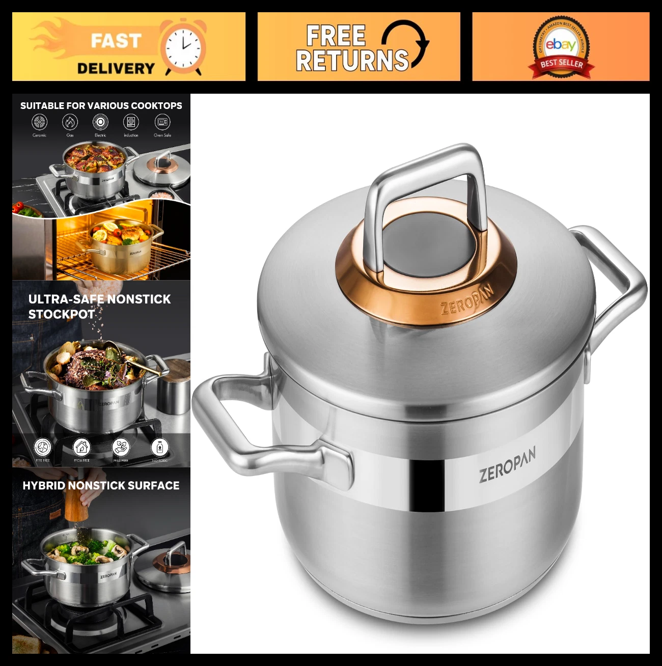 Nonstick 3-Quart Stockpot with Lid, 8" Stainless Steel Soup Pot, Oven-Safe, Dish