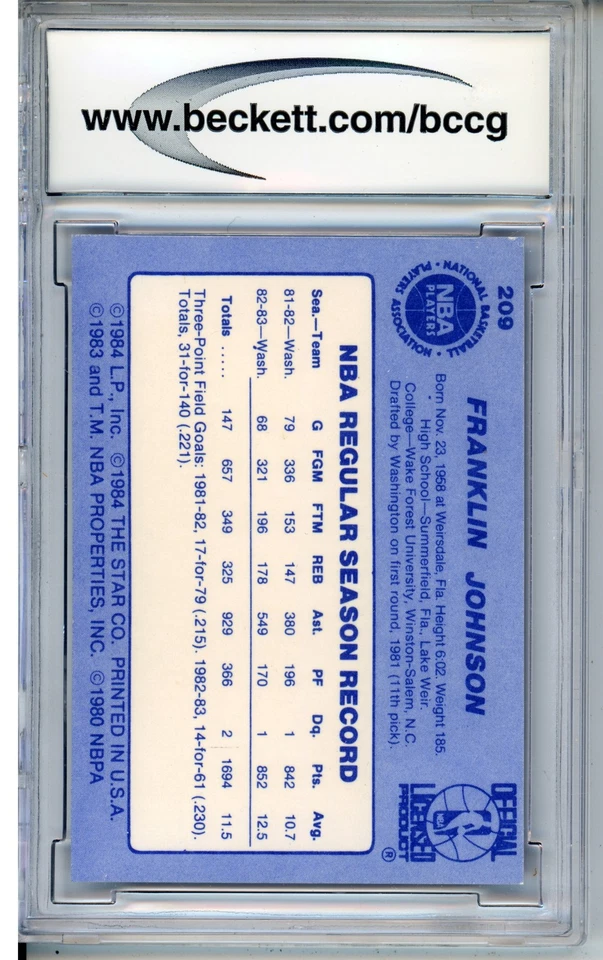 1983-84 Star #209 Frank Johnson BCCG 10 Washington Bullets - Image 2 of 2