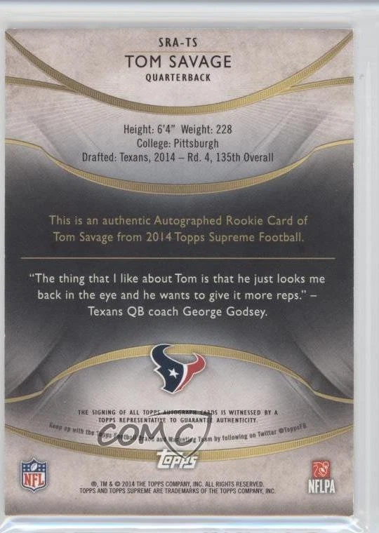 2014 Topps Supreme Auto Rookies Blue /50 Tom Savage #SRA-TS Auto RC - Image 2 of 2