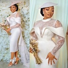 Elegant White Short WeddingDresses Sheath Lace Long Sleeves Tea Length SatinGown