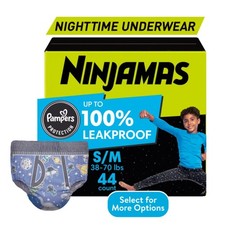 Ninjamas Boys Bedwetting Nighttime Underwear, Size S/M 37-90lb 44ct
