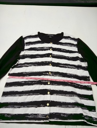 AUGUST SILK Heritage Women's Long Sleeve Black White Stripe Button Up Cardigan - Picture 3 of 5
