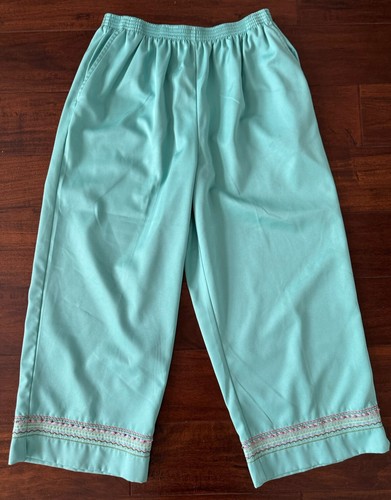 Alfred Dunner Pants satin aqua blue Capri Beaded zigzag Elastic Waist size 14