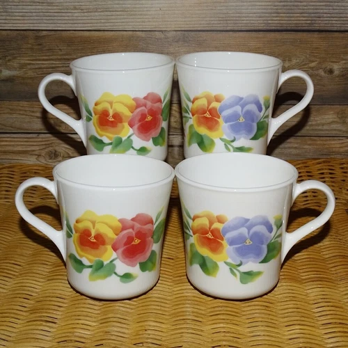 Vintage 1990s Corning Corelle Summer Blush Pansy Coffee Tea Cups Set of 4
