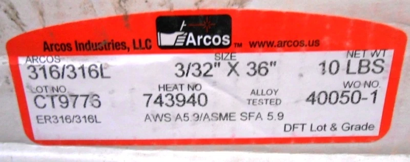 ARCOS, VARILLAS DE SOLDADURA, 316/316L, 3/32" X 36", MATERIAL DE RELLENO, ALEACIÓN INOXIDABLE,  Foto 2 de 3