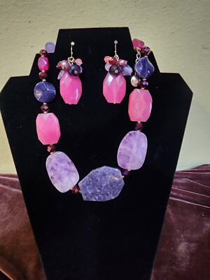 New ROX By Alexa Designer Bridge Dyed Purple Jade Chain Necklace And Earrings 