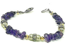Artisan Beaded Gemstone Bracelet Amethyst Silver-tone Crystal Fish Hook Clasp 8"