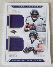 2018 NATIONAL TREASURES ROOKIE GEAR COMBO GCM-36 LAMAR JACKSON HAYDEN HURST /99
