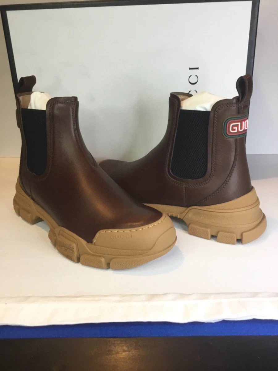 GUCCI MENS BOOTS LEON ANKLE CHELSEA LOGO BACK BROWN LEATHER 980 sz 7.5G 8.5 US