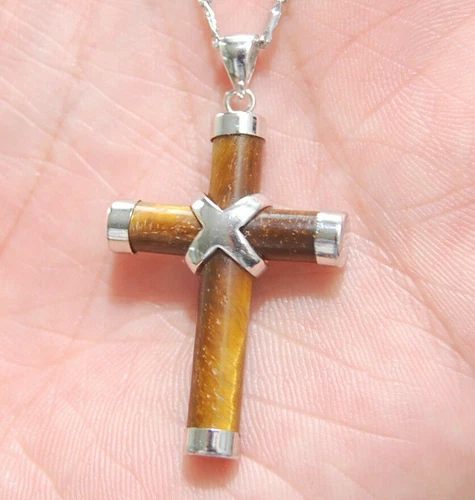 Natural Agate/Tiger's Eye/Topaz/Jade Gemstone Cross Pendant Necklace AAA Grade - Picture 14 of 29