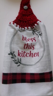 BURGUNDY Yarn Crochet Top BLESS THIS KITCHEN Print POLYESTER Kitchen Dishtowel
