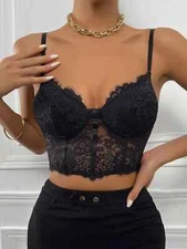 Sexy Floral Black Lace Bustier Crop Cami Top Bra Vest bralette Tank Size L