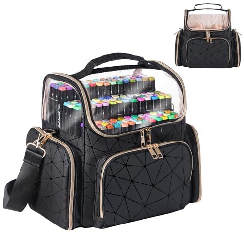 GRAOSO Large Marker Storage Bag - Holds 216 Markers, Padded Case With Shoulder Strap, Dividers (Grey)