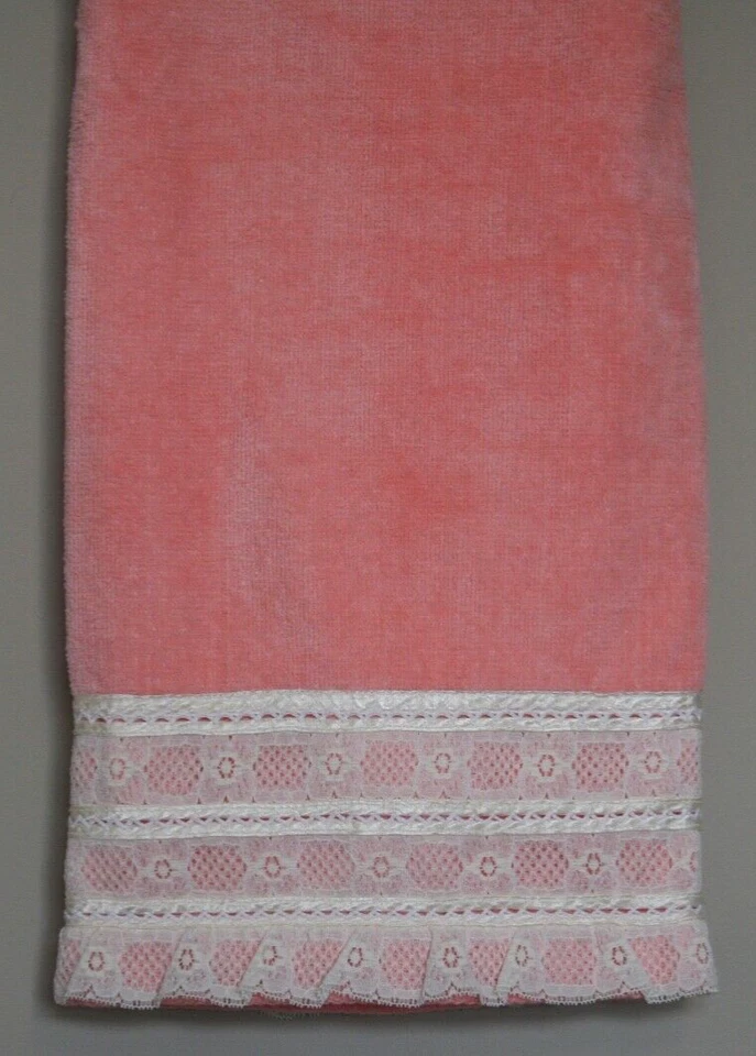 Juego de toallas de baño vintage Martex melocotón naranja encaje mezcla de algodón años 80 90 par con volantes Foto 4 de 4