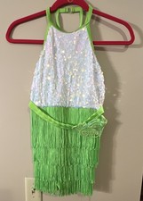 Weissman Green Fringe Sequin Halter Dance Leotard Costume Style 14464 LC child