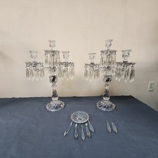 2 Vintage Fostoria Colony 3 Arm Candelabra W/ Hanging Crystals 19 1/8