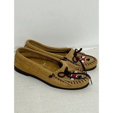 Minnetonka Thunderbird Tan Suede Beaded Fringe Moccasins Mens 4 Womens 6