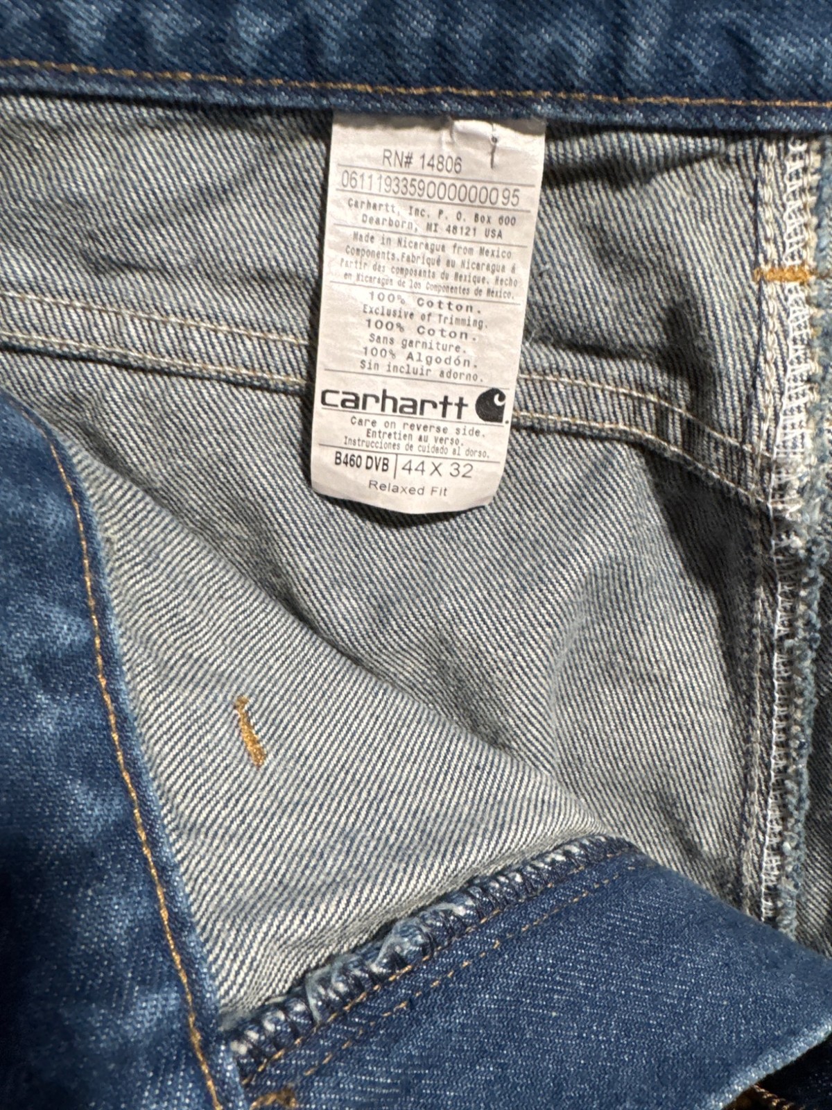 Carhartt Relaxed Fit Jeans B460 DVB 44x32 Blue Denim Work Pants Used thumbnail 5