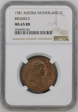1781 AUSTRIA NETHERLAND BRUSSELS 2L NGC CERTIFIED COIN MS 65 RB