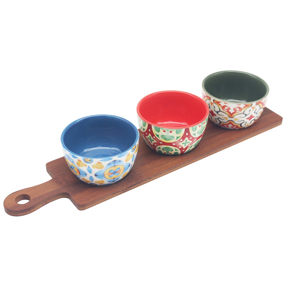 Bowls On Tray Set of 3 Tuscany Colourful Serving Sauce Dip Snack Dishes
