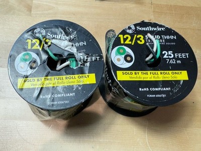 2 QTY - Southwire 25 ft. 12/3 Black/White/Green Solid CU THHN Tri-Wire