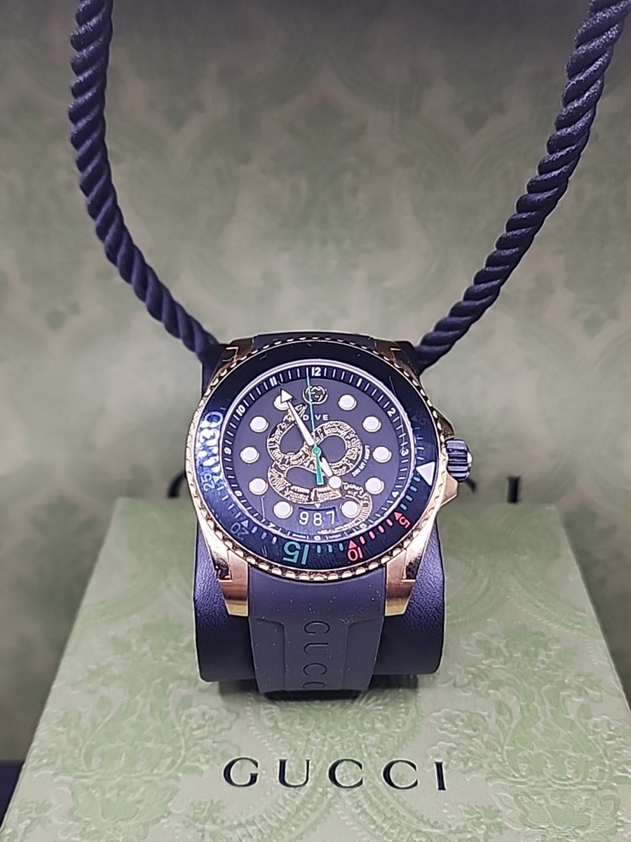 Gucci Dive Snake Watch YA136219 Gold Tone Rubber Strap 987 Dial w
