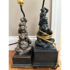 2 vintage table Lamps 3 Monkeys Resin black figurines matching set black