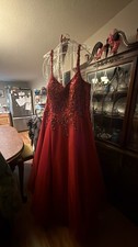 Women's Red V-Neck Long Formal Gown Beaded Sequin Spaghetti Strap Strappy