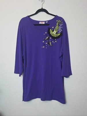 Quacker Factory Sz 2X Purple Witch Embroidered Beaded Halloween Long Sleeve Top
