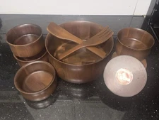 VINTAGE STAVED WOOD WALNUT Salad Bowl Set 12” Lebanon Supply HEIRLOOM USA 11 Pc